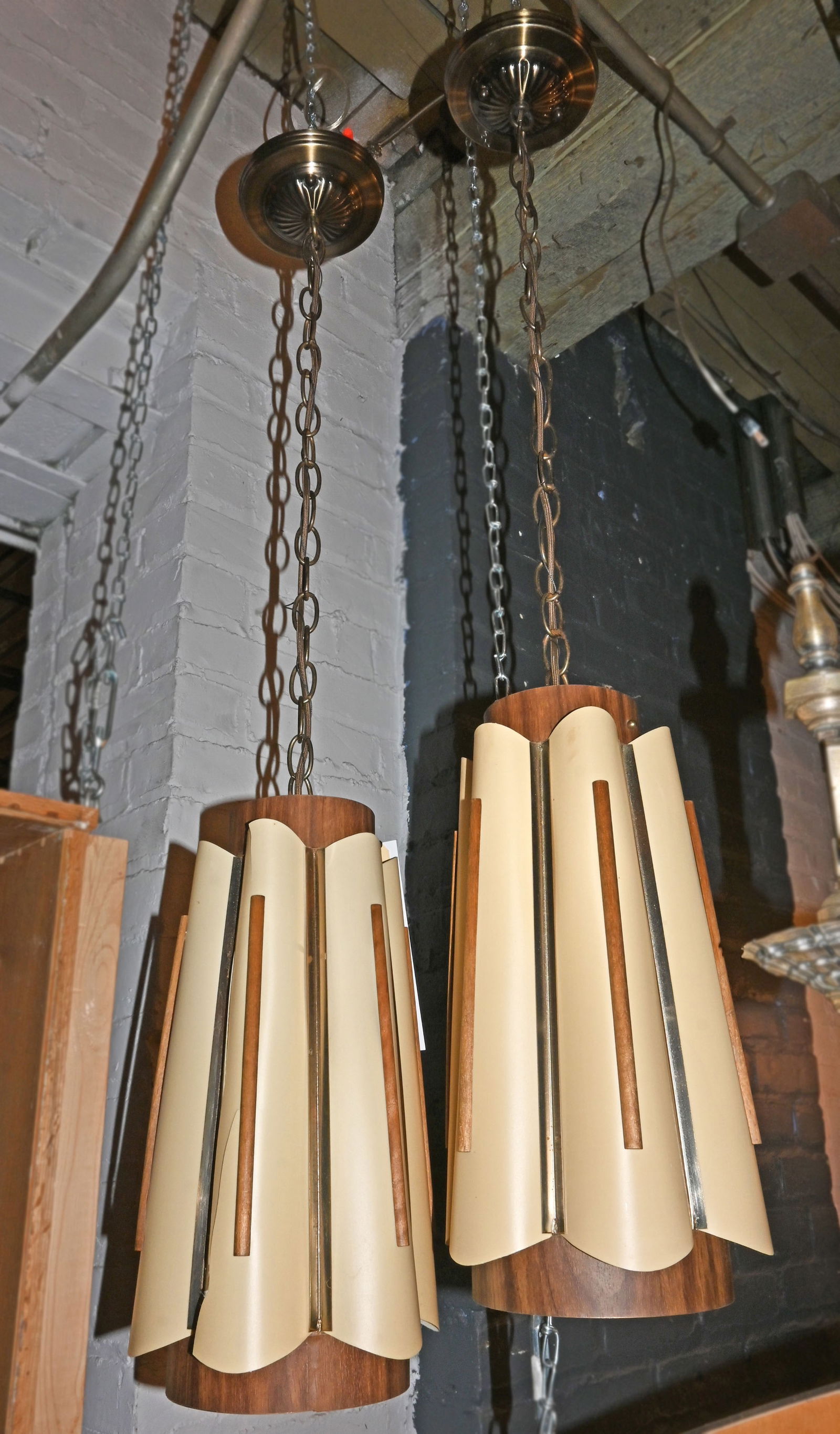 Pair of Mid-Century Modern ivory and wood cone shaped pendants (1 of 2)