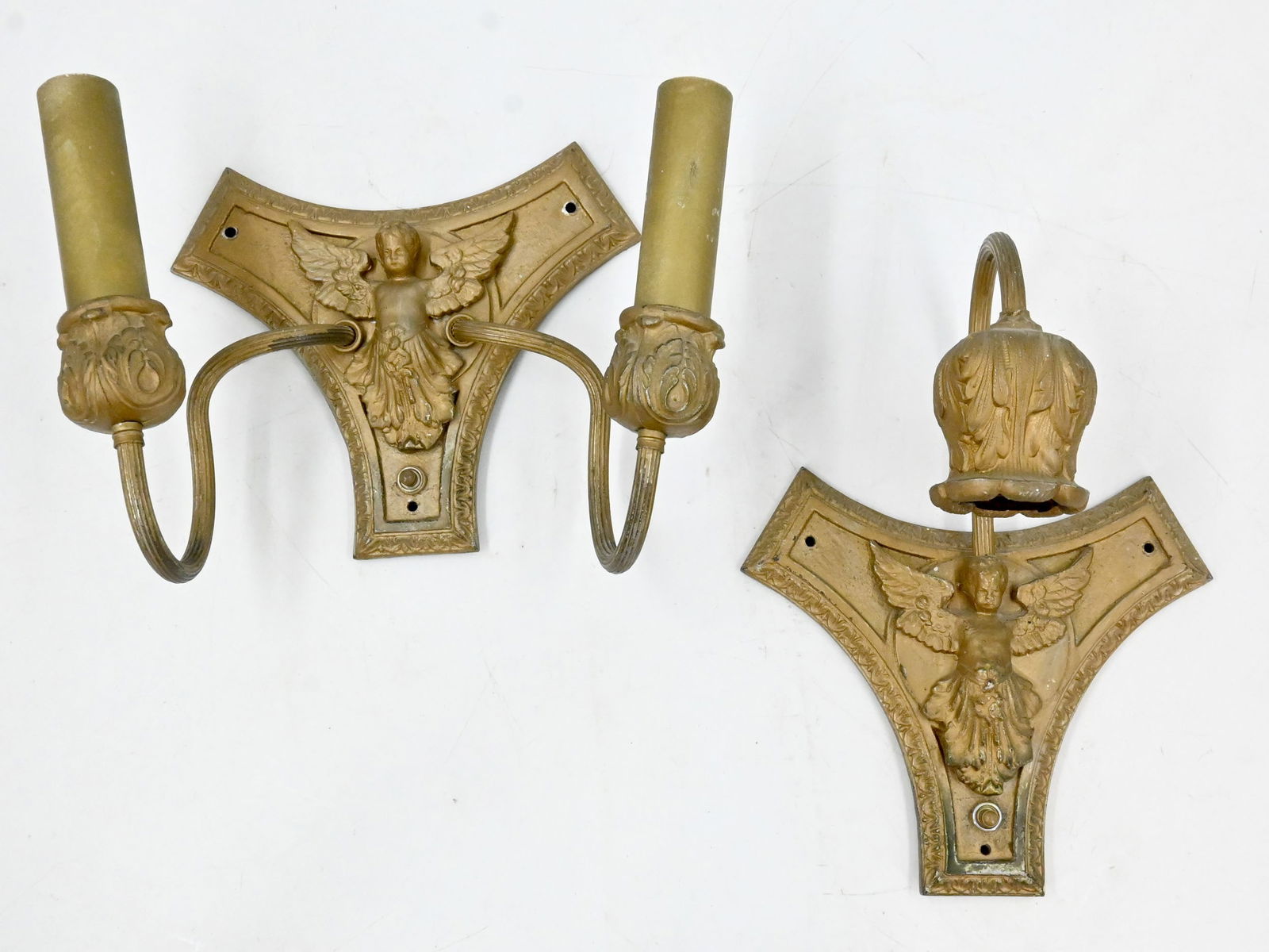 Set of two cast lead and brass gilt finish cherub sconces (1 of 3)