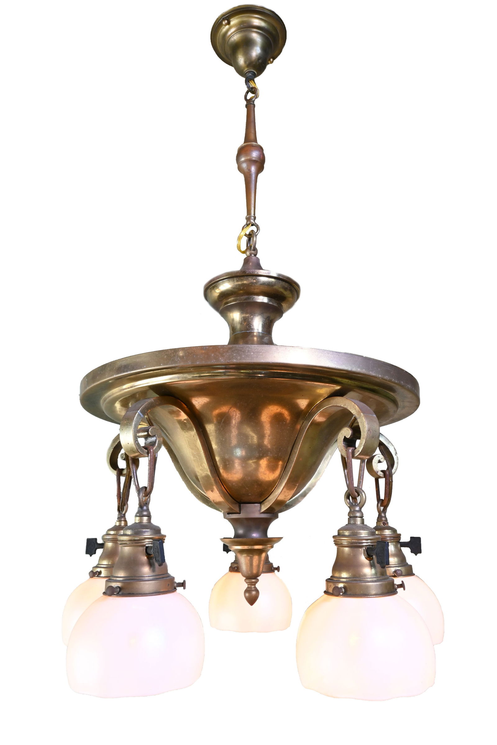 Five light arts and crafts pan fixture with Steuben calcite art glass shades.: Five light arts and crafts pan fixture with Steuben calcite art glass shades. Condition: Age Consistent. This chandelier is wired. Material: Brass, Calcite glass. Illumination: 5 medium Edison sockets