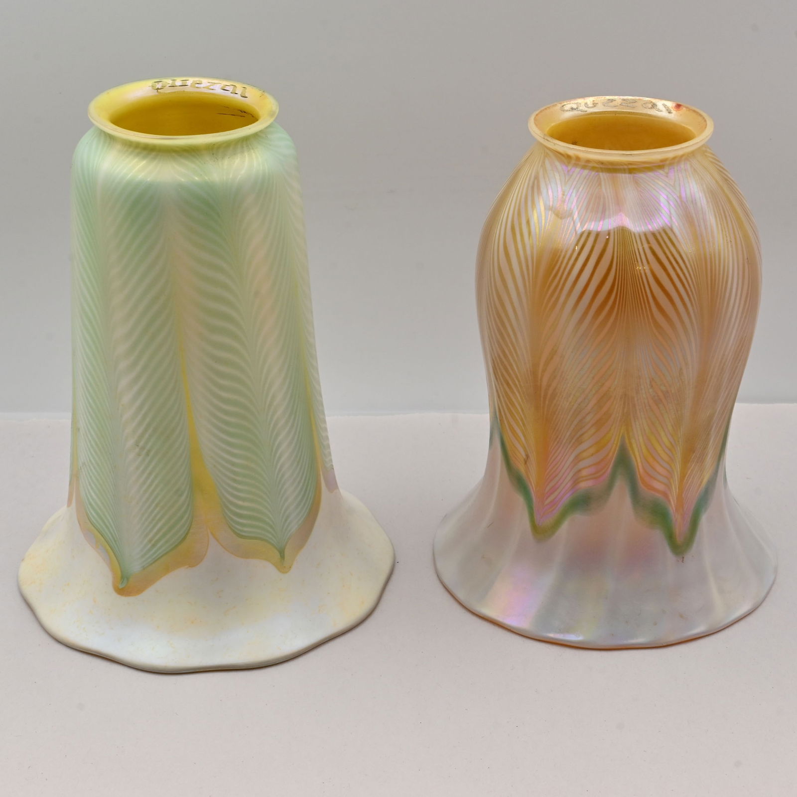 Set of two mismatched Quezal pulled feather art glass shades (1 of 2)
