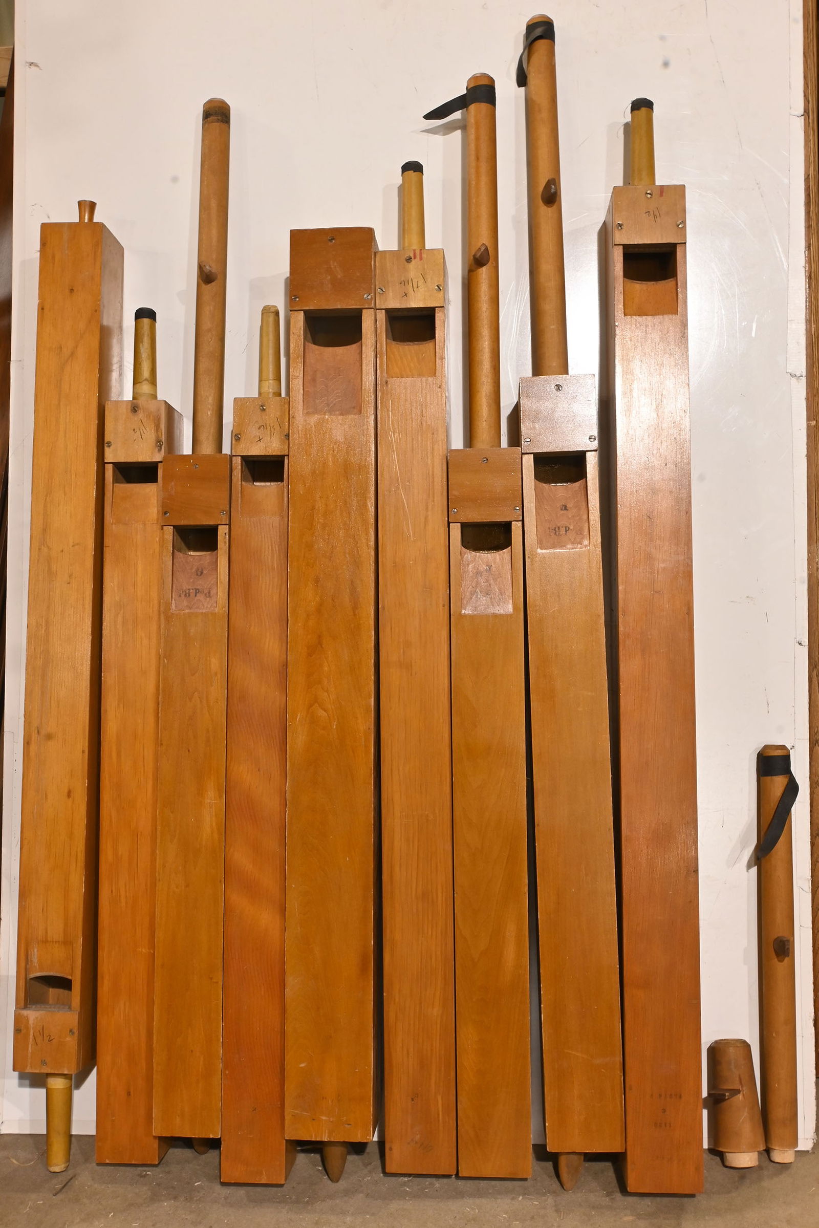 2ND GROUP of group of maple wood pipe organs: 2ND GROUP of nine maple wood pipe organs. This group of maple wood pipe organs came from a Minneapolis, MN church. Dimensions range from 50 to 67 inches tall, 3.5 to 4.75 inches wide, 4.375 to 5.75 in
