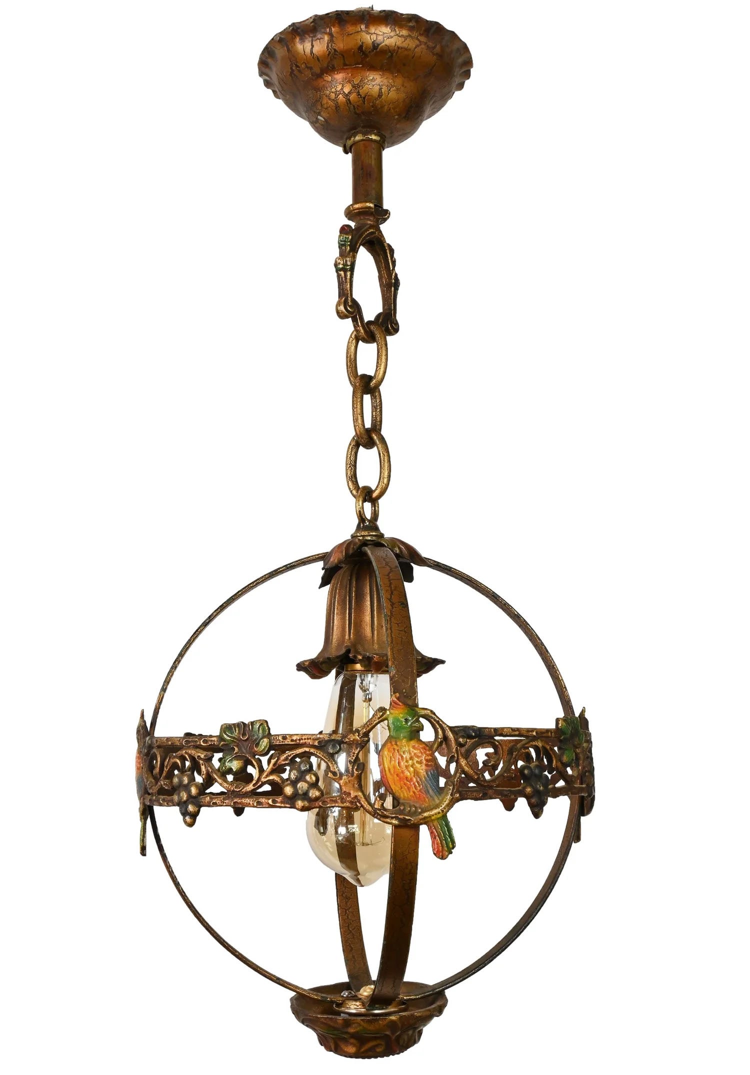 Parrot entry orb pendant by Moe Bridges: Parrot entry orb pendant by Moe Bridges. Condition: Age Consistent. Material: Brass. Illumination: 1 medium Edison Socket. Dimensions: 24 inches total drop. Body is 14 inches tall x 12 inches diameter
