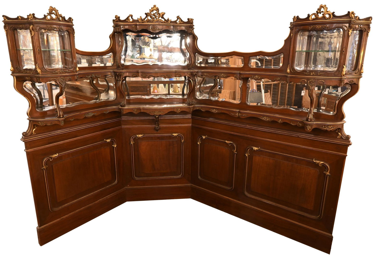 Jewelry store corner display unit of carved walnut  with gold detailing and beveled mirrors and (1 of 3)