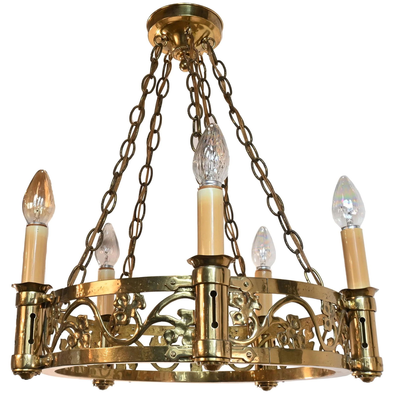 Cast brass five candle chandelier with looping vines (1 of 2)