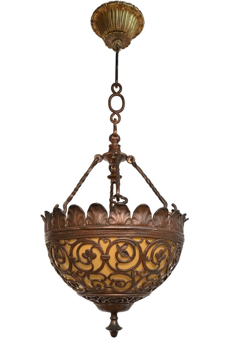 Oscar Bach bronze pendant with Steuben American art glass bowl: Oscar Bach bronze pendant with Steuben American art glass bowl. Condition: Age Consistent. Material: Bronze, Steuben American Art Glass Bowl. This pendant fixture designed by Oscar Bach is alive with