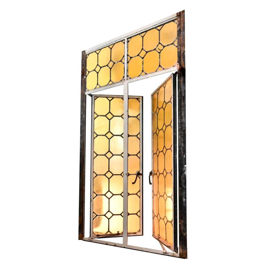 Pair of grand iron framed French double windows with hammered amber leaded glass: Pair of grand iron framed French double windows with hammered amber leaded glass. Salvaged from a 1912 High School in Fostoria, OH. Condition: Age Consistent, some stress cracks. Material: Iron Frames