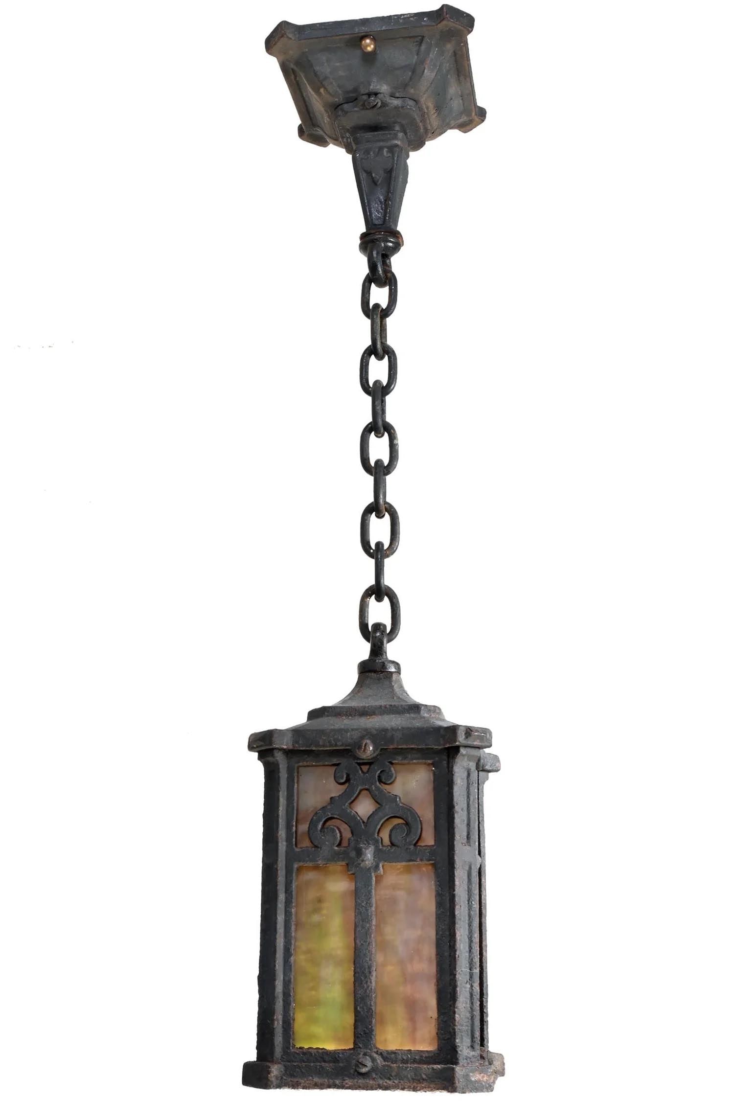 Arts and Crafts iron pendant  with slag glass (1 of 2)