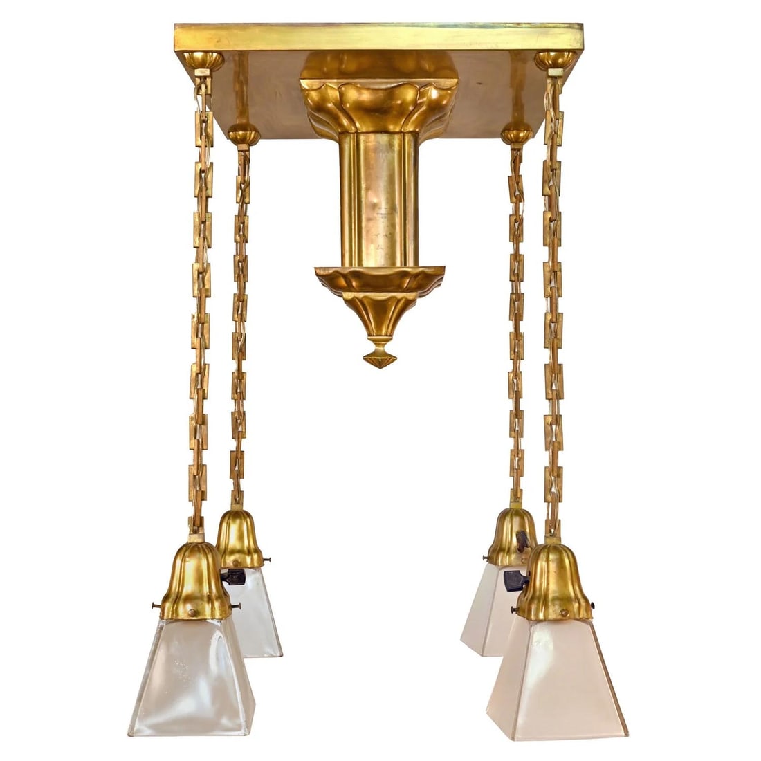 Sheffield/Mission style ceiling hugging brass drop chandelier with square shades (1 of 2)