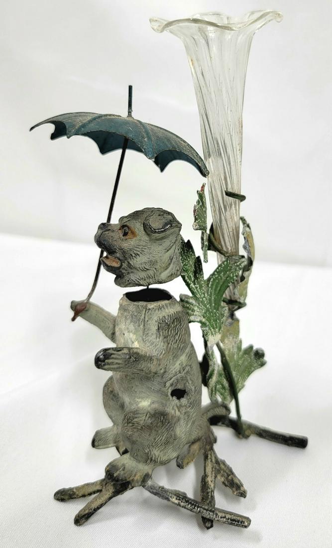 Antique Flower Vase Nodder: Features dog with umbrella and flower vase Nodder flower vase possibly missing leg