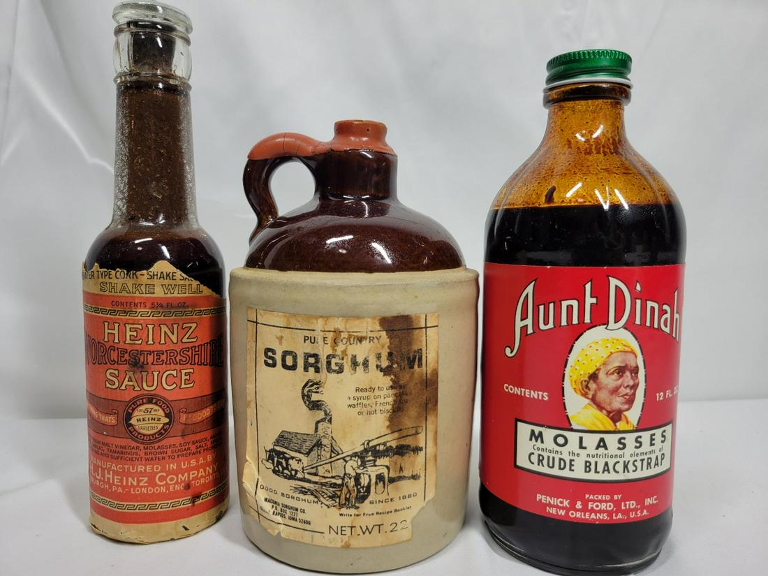 Advertising Bottle Lot: Aunt Dinahs Molasses Pure Sorgham and Heinz Worcestershire sauce