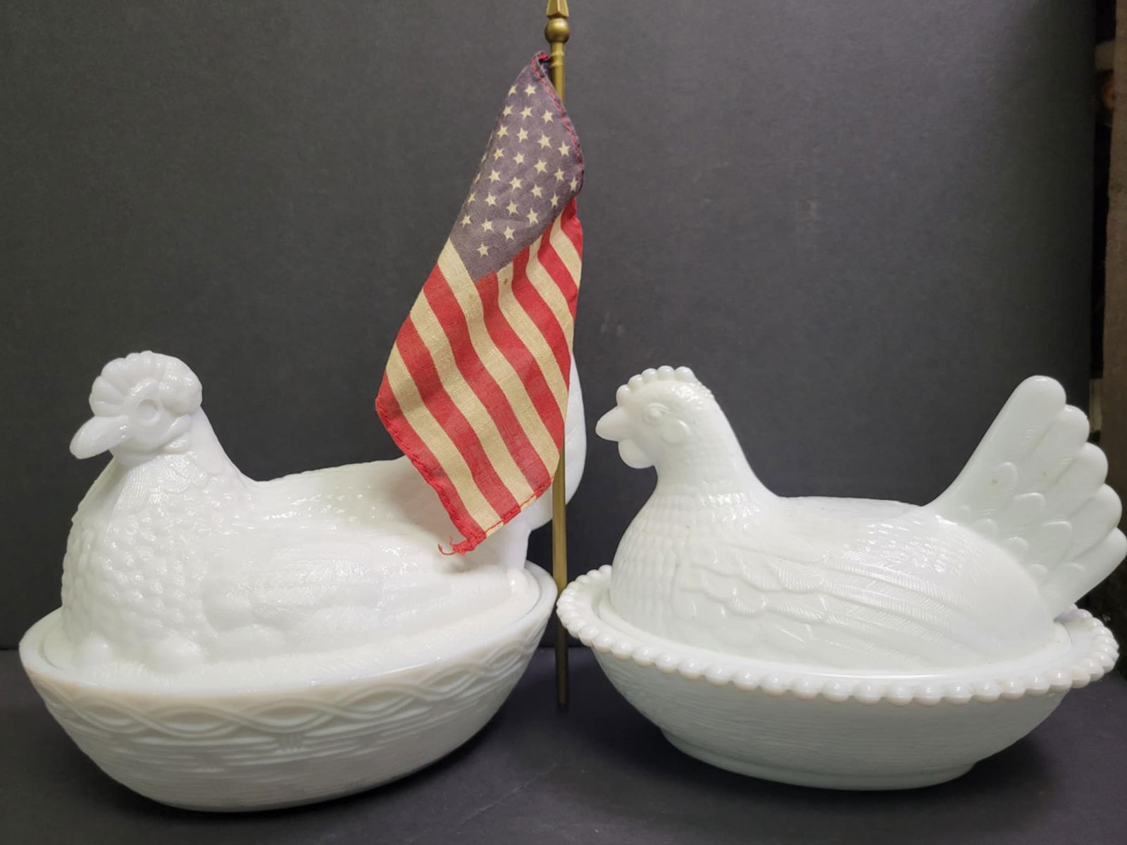 Vintage Milk Glass Hens On Nest Lot Of 2: Lot of 2Indiana glass no chips or cracks 7”Westmoreland 7” chip on tail and rim