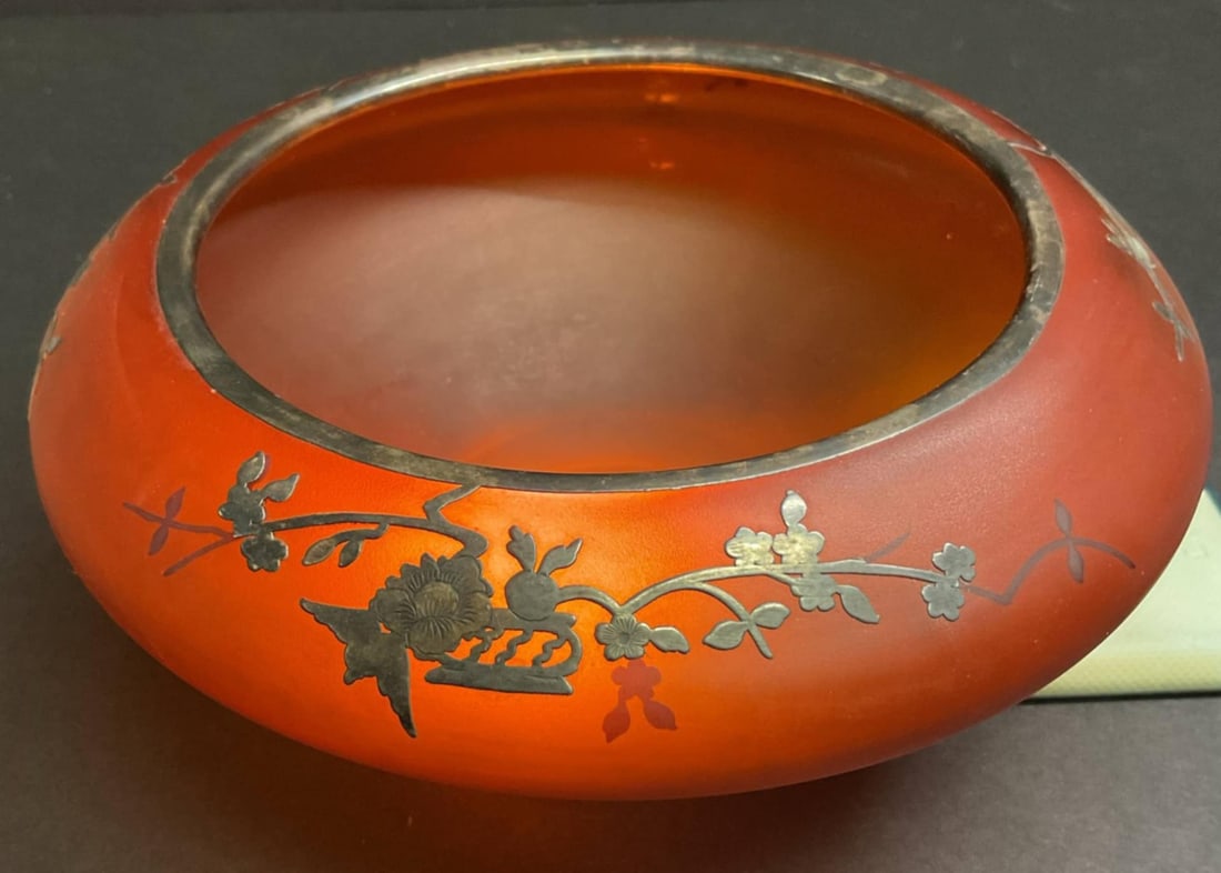 Antique TIFFIN SATIN Glass Bowl orange AMBERINA Oval: 7”Some of the silver overlay is missing in 2 places