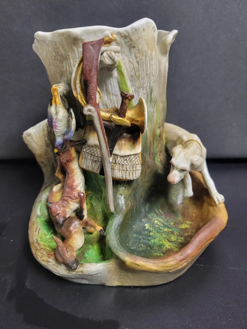 Antique Bisque Porcelain Figural Vase w Hunting Dog Deer Fox: Antique Bisque Porcelain Figural Vase w Hunting Dog Deer Fox and Pheasant. Deer is missing a leg. Please view pictures for wear