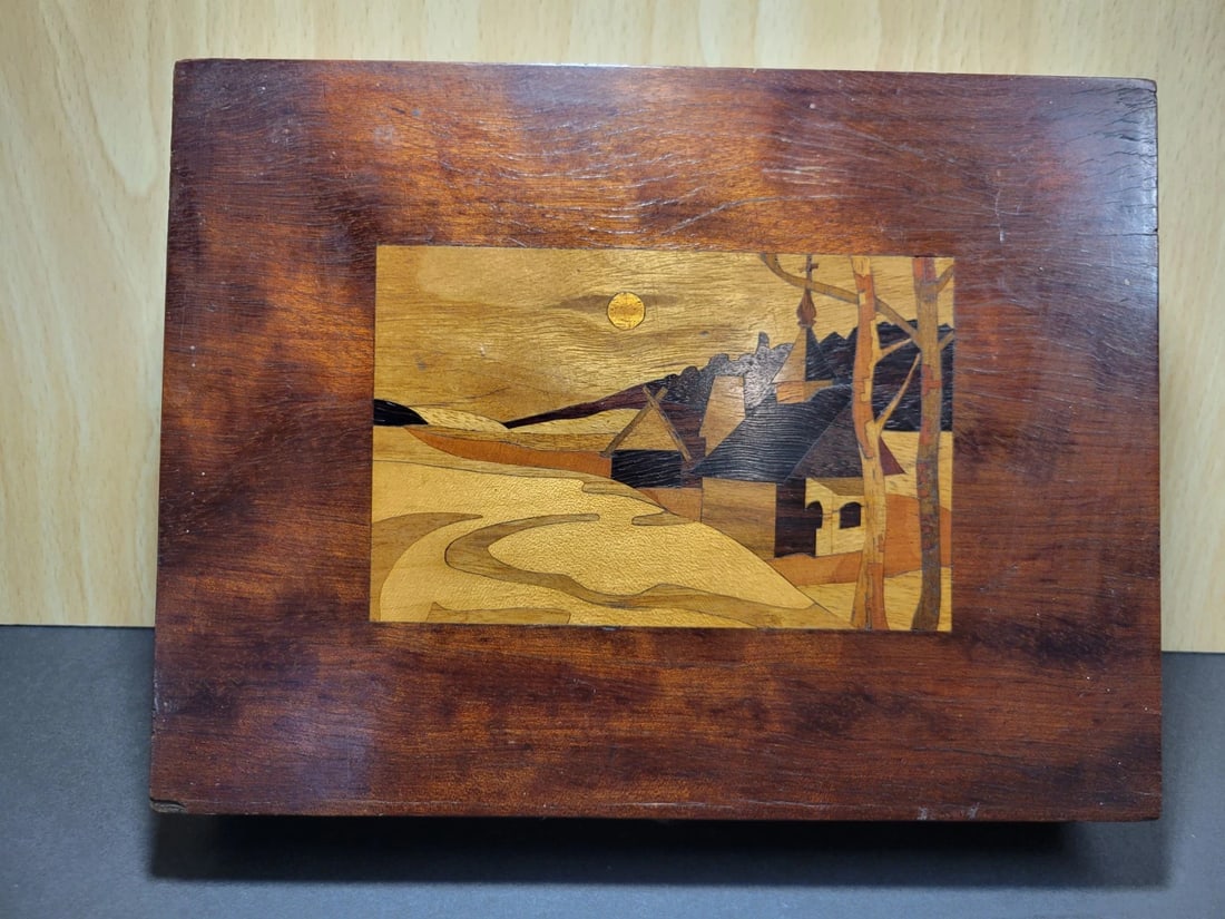 \Vintage Russian Inlaid Document Box: Vintage Russian Inlaid Document Box. Front latch needs to be repaired