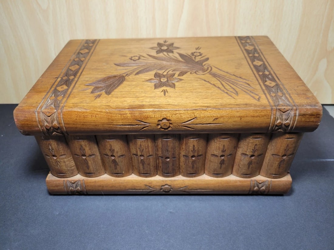 Antique Italian Hand Carved Wood Inlaid Puzzle Box: Antique Sorrento Olive Wood Inlaid Puzzle Box w/ Hidden Compartment