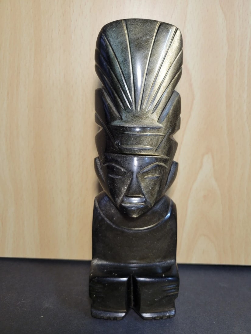 Vintage Gold Obsidian Mayan Statue Carved Aztec Stone Figurine (1 of 3)