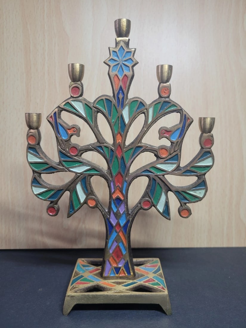 Vintage brass and enamel Tree of Life Menorah Terra Sancta Israel: vintage brass and enamel "Tree of Life" candelabra or menorah made by the Terra Sancta Guild in Israel. . Dated 1974. Approximately 9ninches tal
