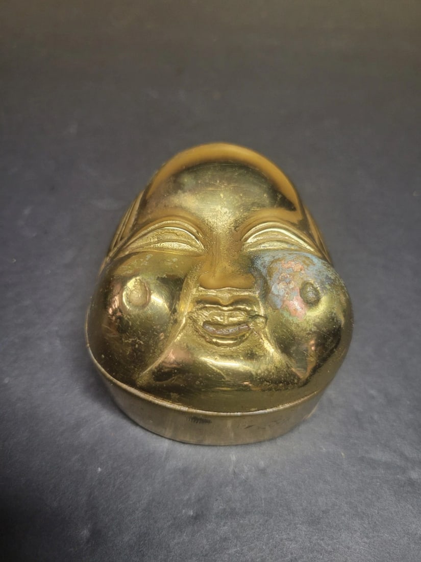Vintage Brass Happy Buddha Face Trinket Box: Vintage 20Th Century Brass Happy Buddha Face Box