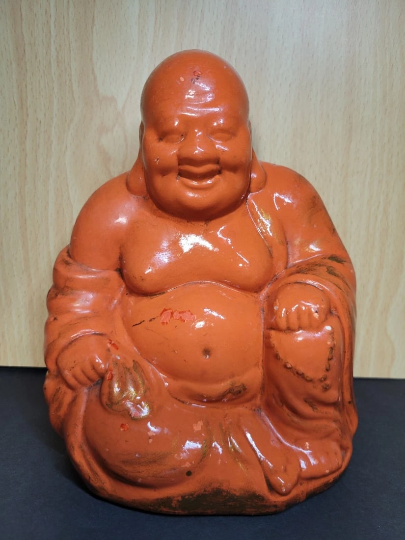 Vintage Ceramic Orange Happy Buddha Statue (1 of 4)