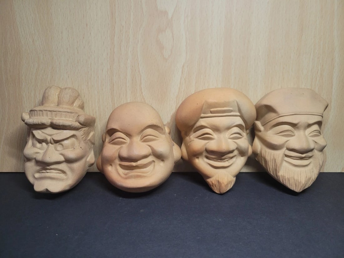 Vintage Clay Pottery Japanese Theatre Mask Wall Art: Vintage Clay Pottery Japanese Theatre Mask Wall Art set of 4. Approximately 4 inches tall.
