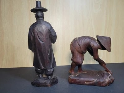 Vintage Pair Asian Hand Carved Wooden Man Statue Figurine: Vintage Pair Asian Hand Carved Wooden Man Statue Figurine. Figure is missing his cane