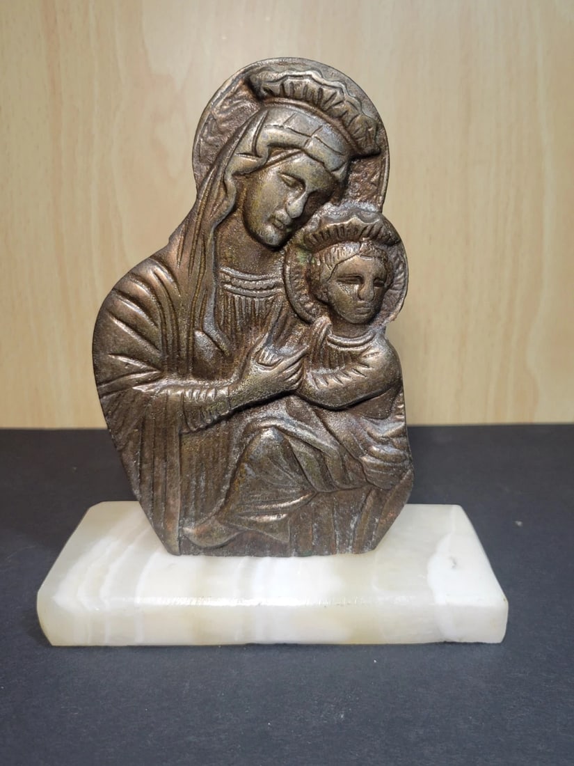 Brass Virgin Mary and Jesus Christ Statue On Stone: Brass Virgin Mary and Jesus Christ on a stone base. Approximately 6 inches tall