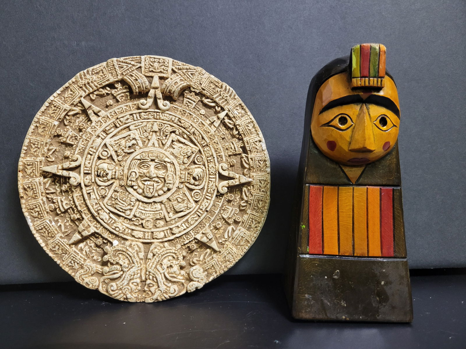 Vintage Japanese Carved Folk Art Doll and Aztec Plate: Doll is approx 6”Plate is 7”