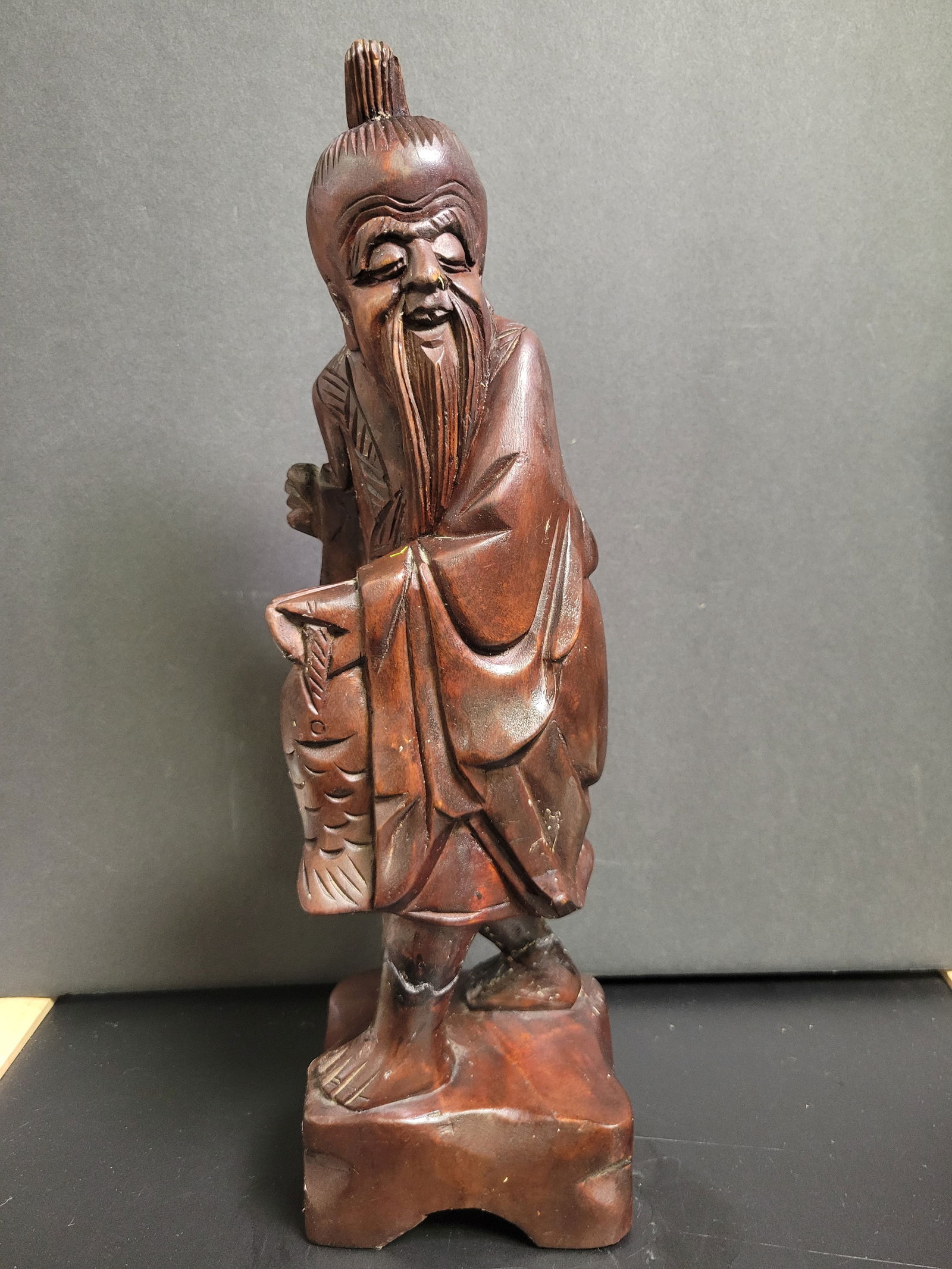 20th Century Hand Carved Shou Lao Wood Statue: Approx 15” Tall