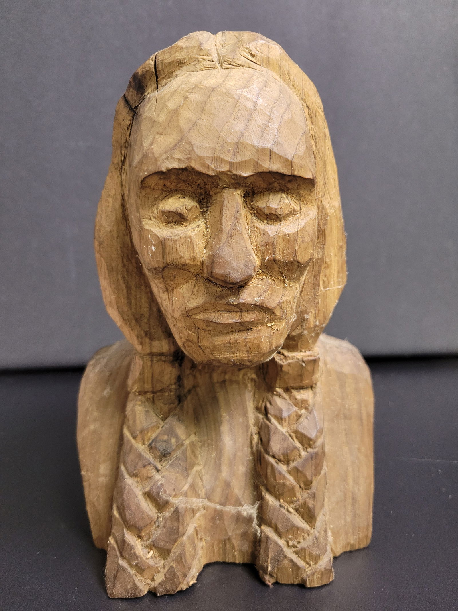Folk Art Hand Carved Wooden Native American Bust: 8x5”