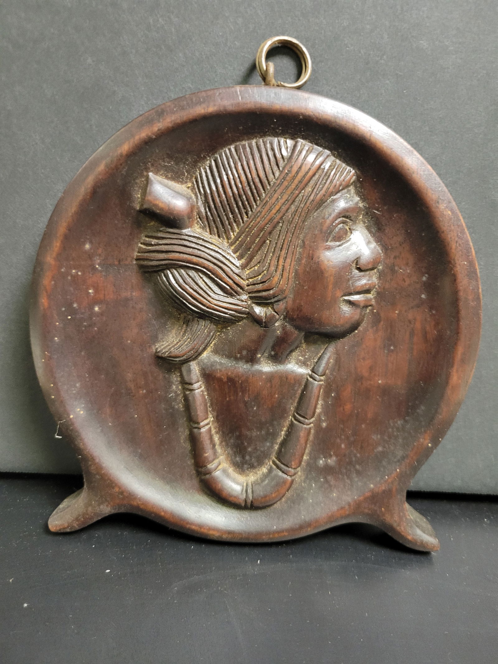 Vintage Wood Hand Carved Plaque Tribesman: Approx 6x6”