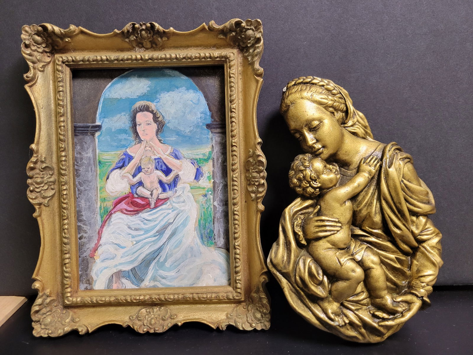 Vintage Madonna And Child Lot: Framed piece is 9” tall