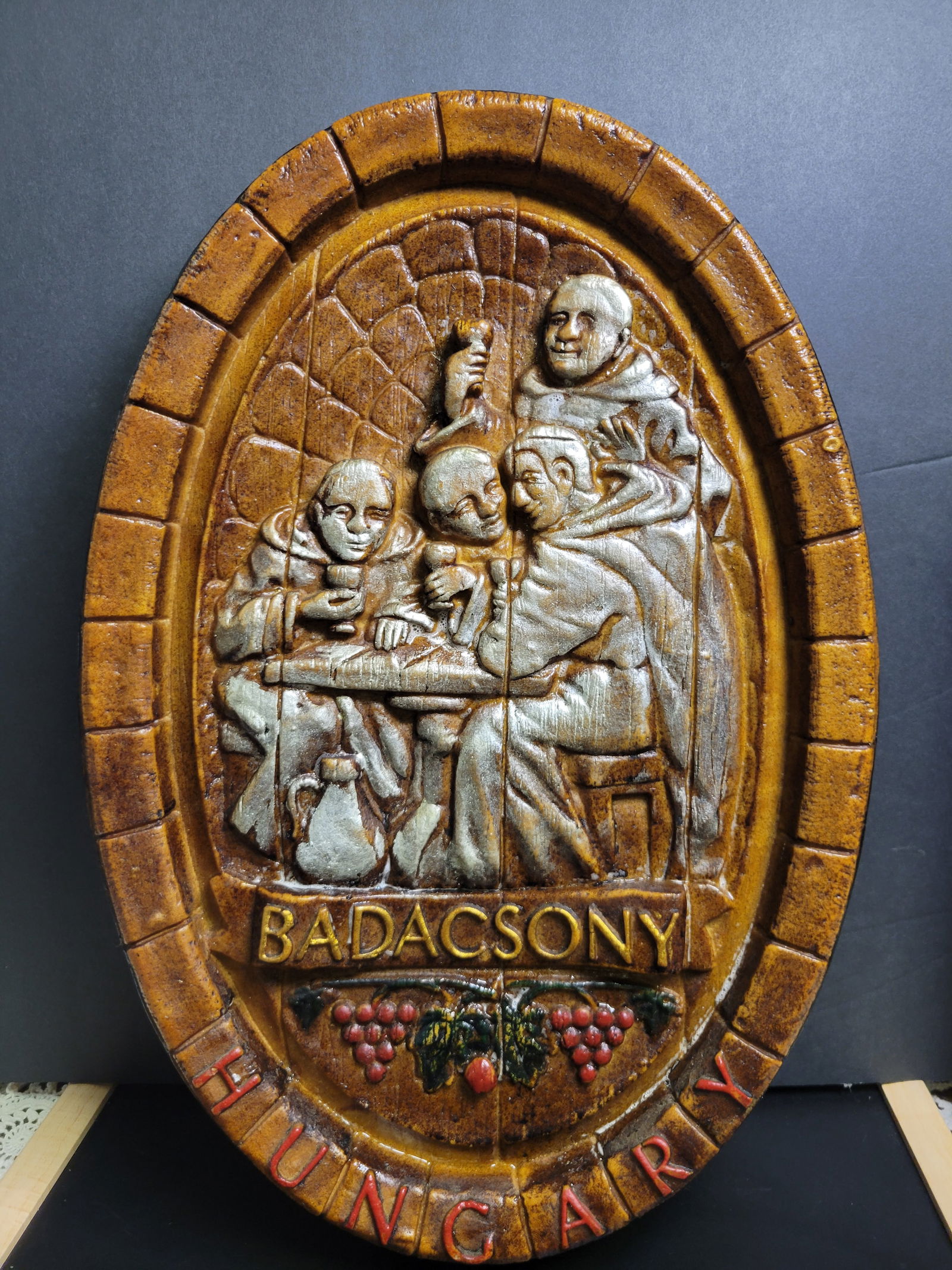 Vintage Hungarian Badacsony Wine Monks Sign: Composite Hard Plastic Material 18x13”