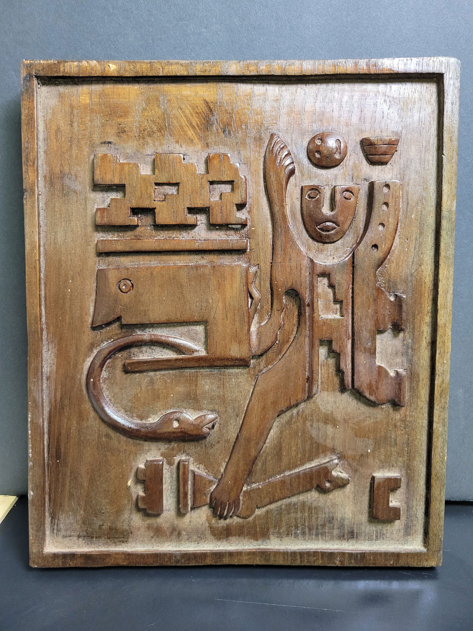 MCM Ecudorian Wall Art Plaque Hand Carved Wood: 13.5x10.5”