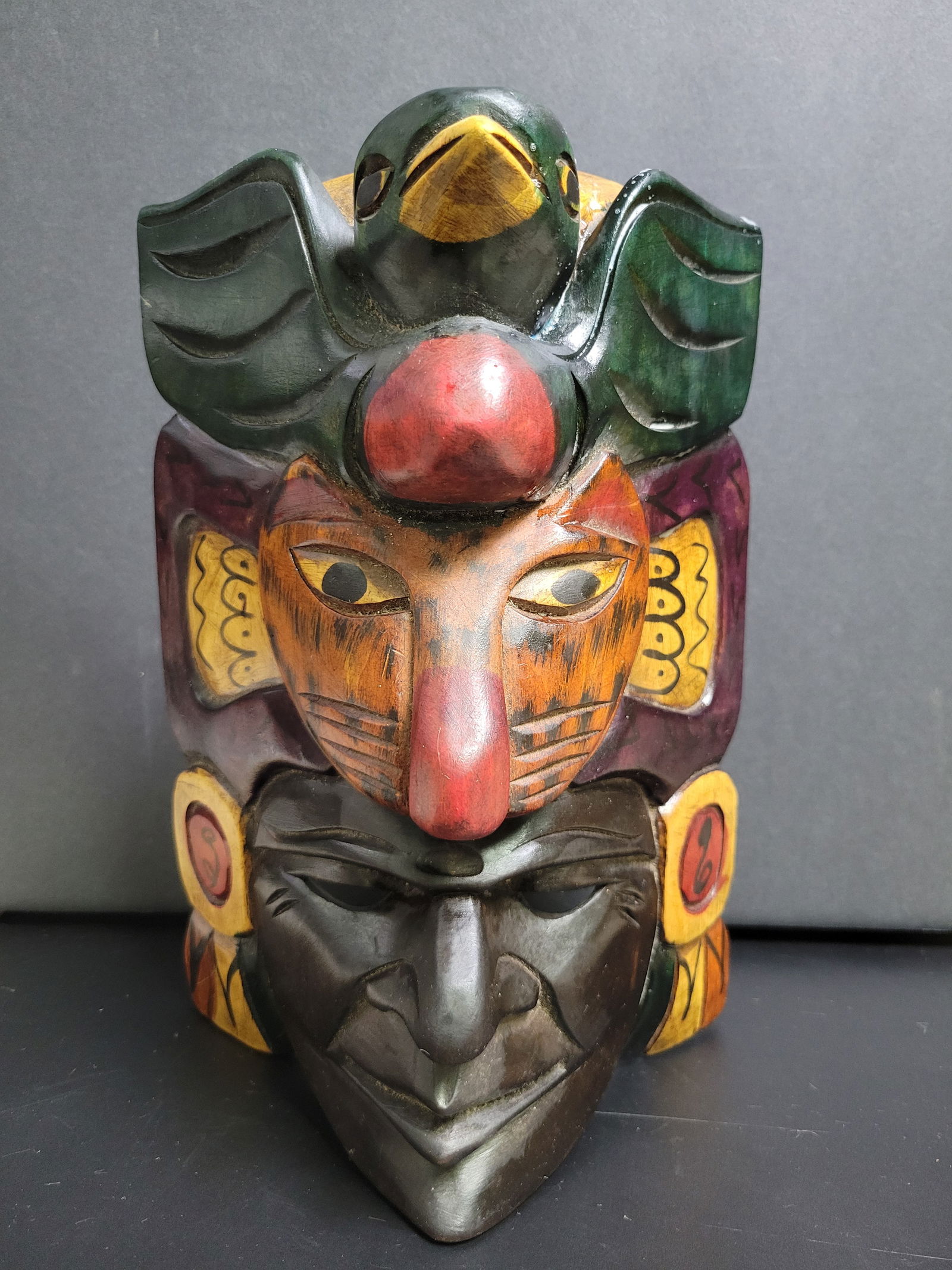 Hand Carved Wood Mayan Aztec Mask: 10x7”