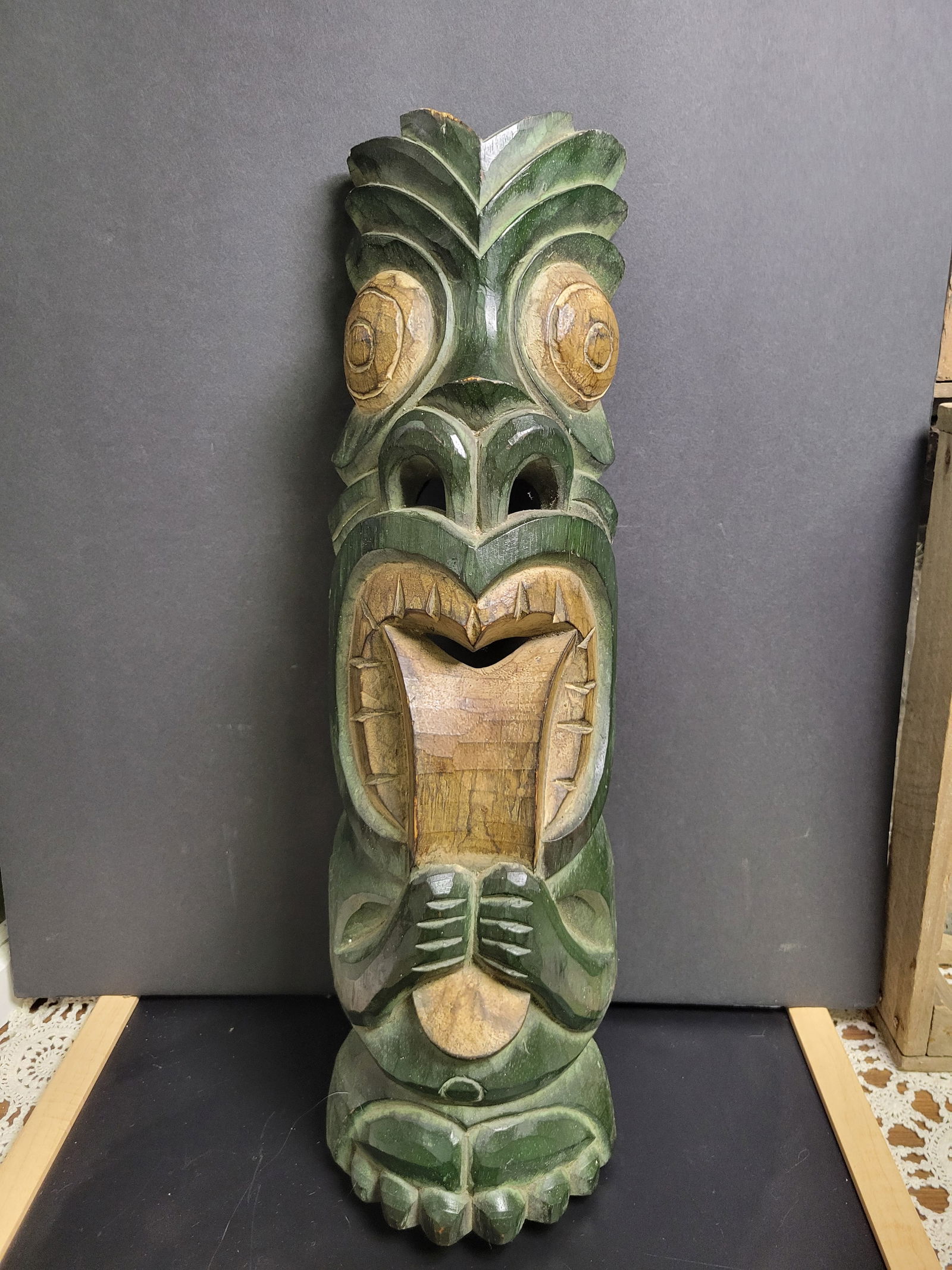 Vintage Hand Carved Tiki Wood Folk Art: 19.5x6”
