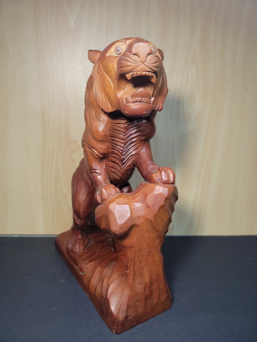 MCM Tiger Sculpture Carved Wood Glass Eyes Asian: Almost 16 inches tall