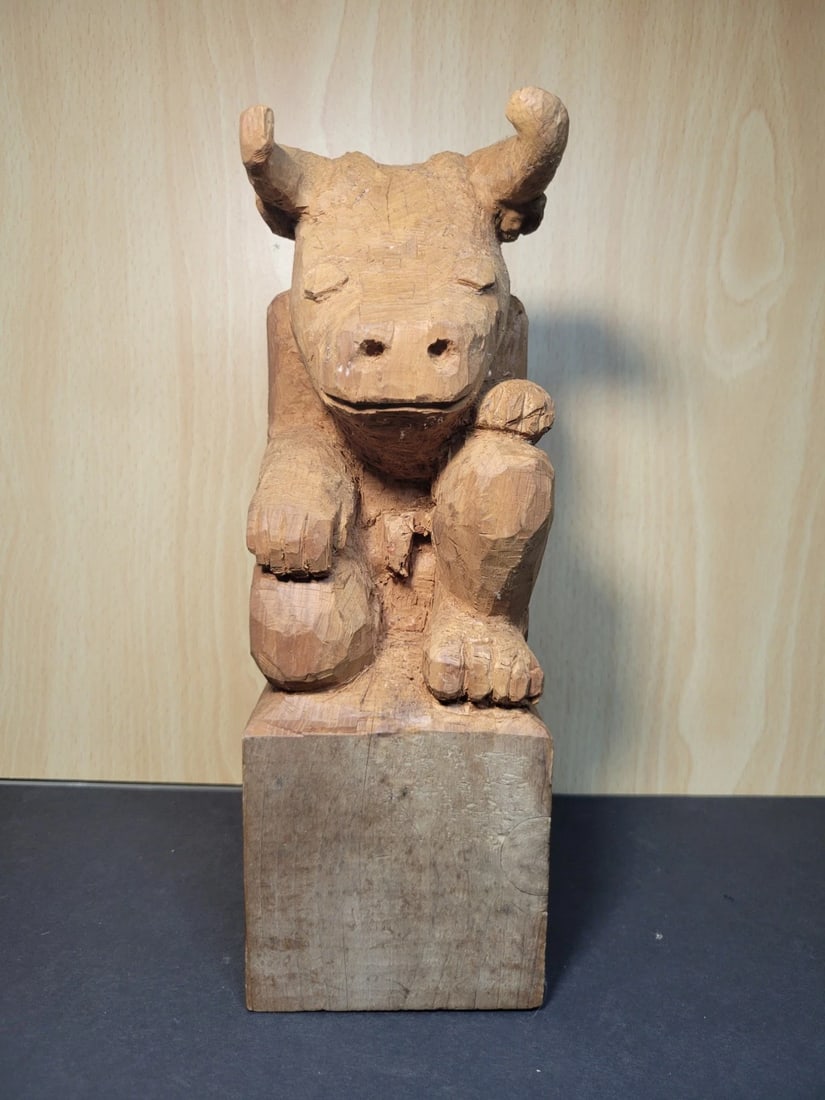 Folk Art Hand Carved Wood Sculptures Minotaur Bull: approx 8 inches