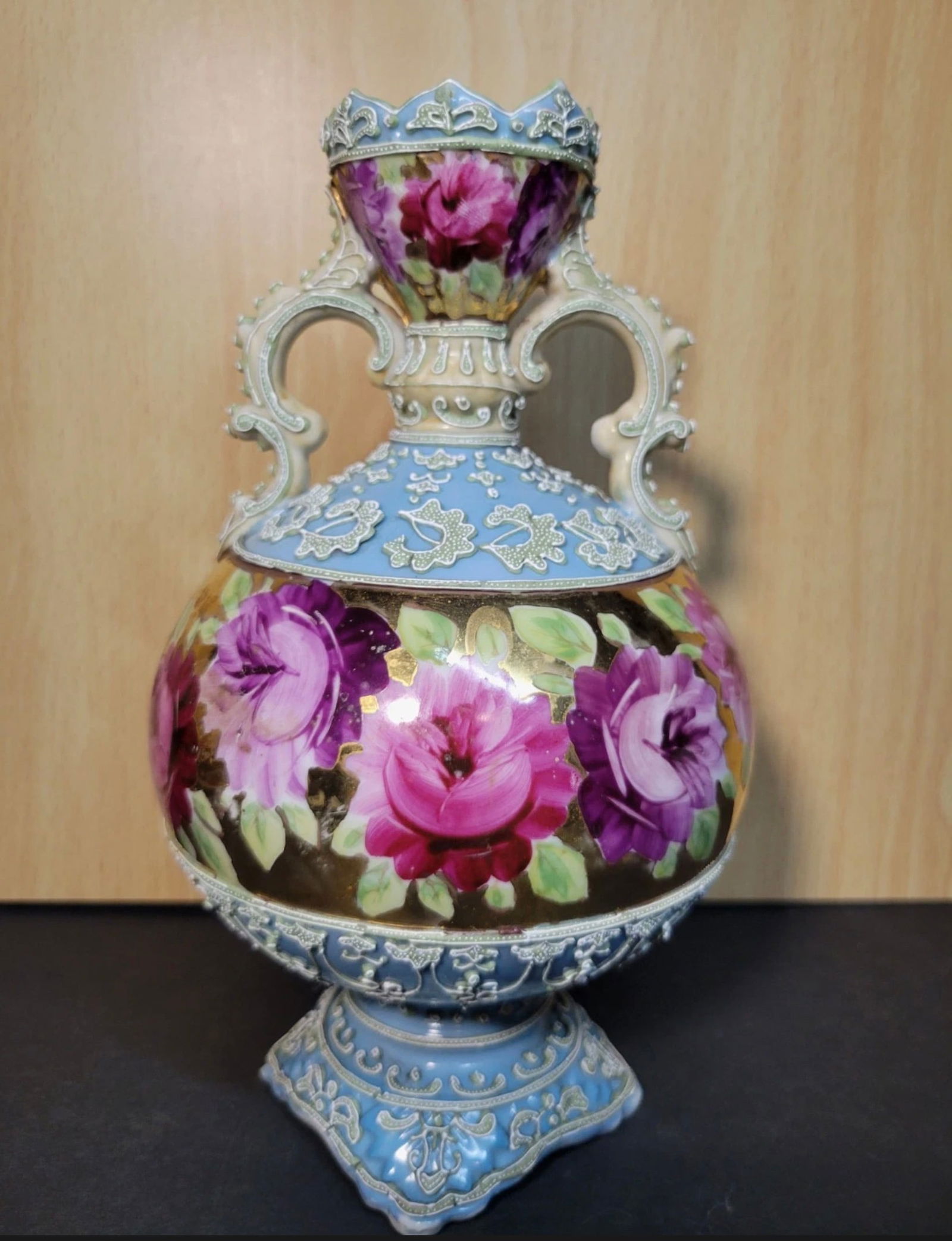 Antique Nippon Moriage Hand Painted Teisted Handle Vase: Approx 10”