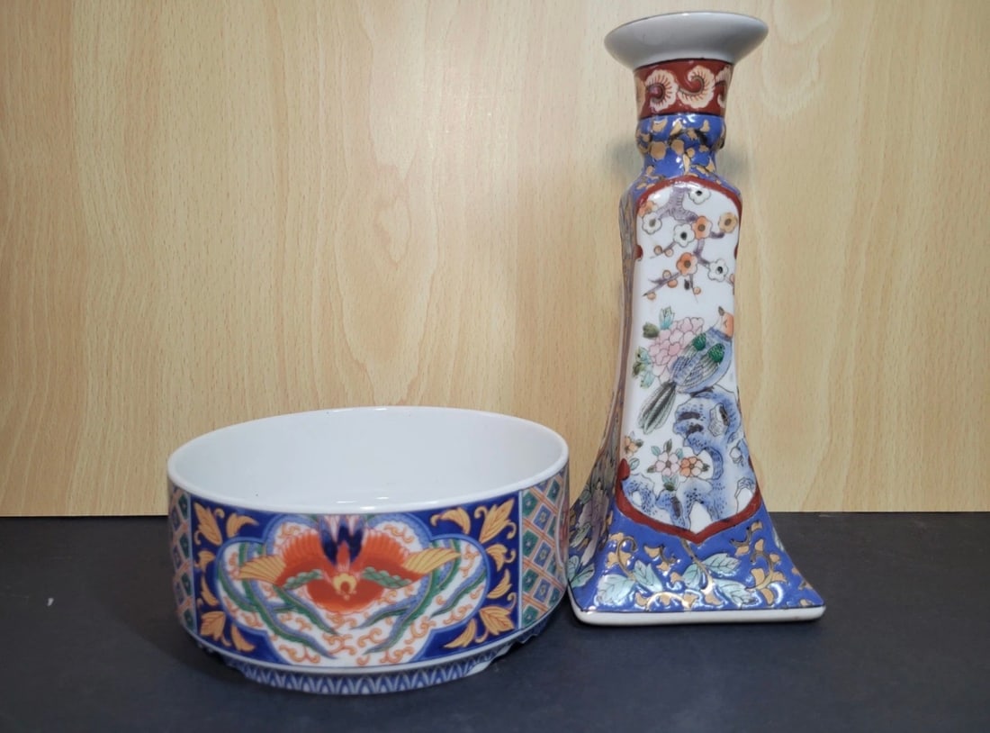 Vintage Chinese Macau Floral Candlestick And Japanese TOYO NISHIKI IMARI Bowl: Nice set