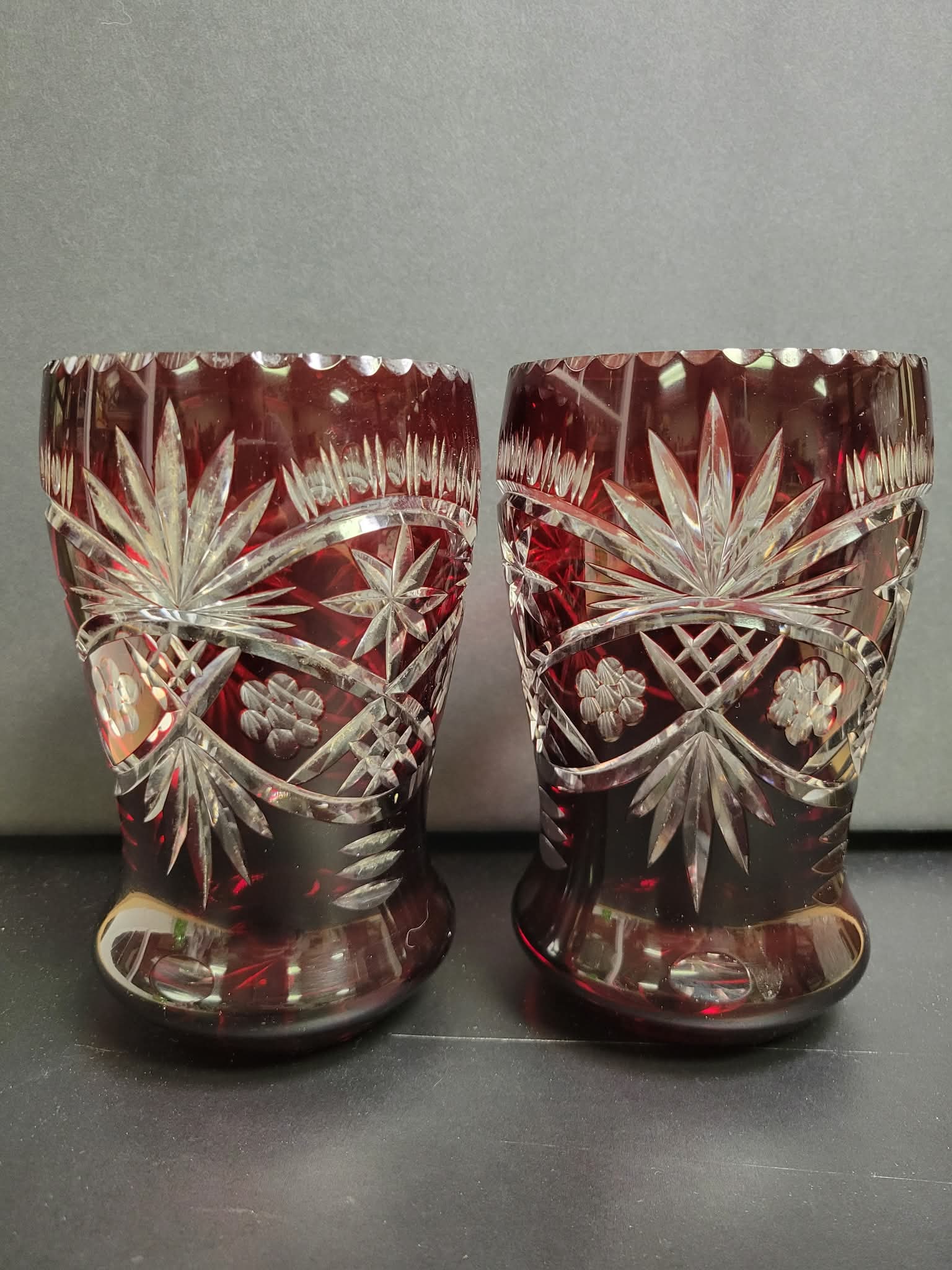 Antique Pair Bohemian Ruby Red Flash Cut Crystal Vases: No chips or cracks 9”