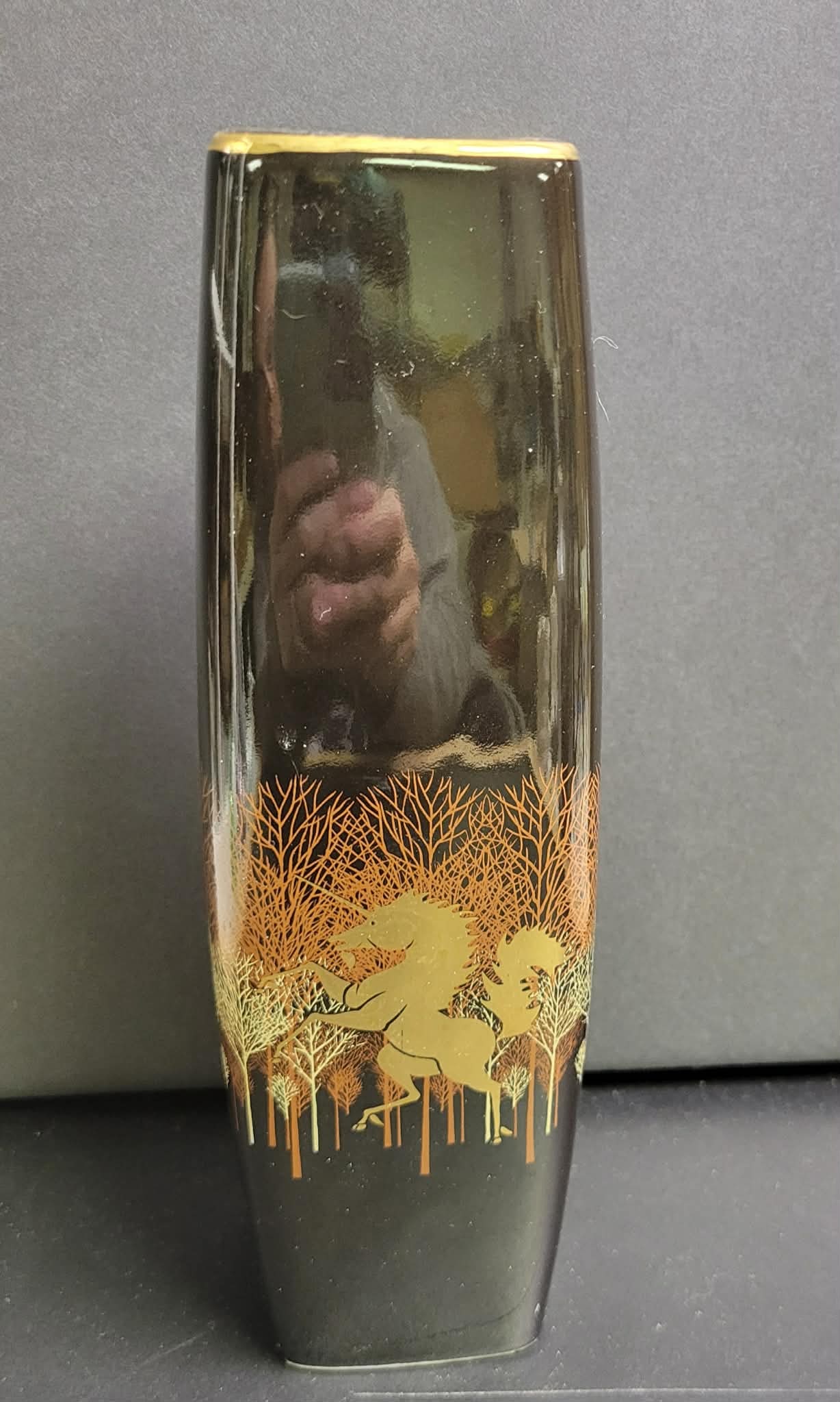 Vintage Otagiri Ceramic Black Gold Unicorn Vase Japan: Approx 9”Chip in base