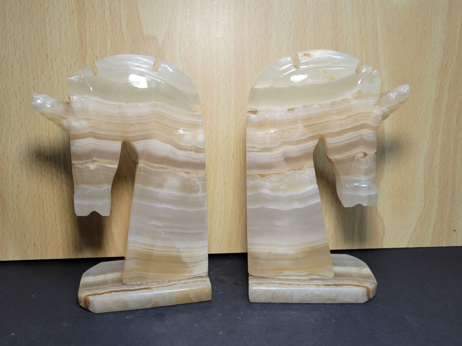 Vintage MCM Carved Onyx Horse Bookends: Approx 6”