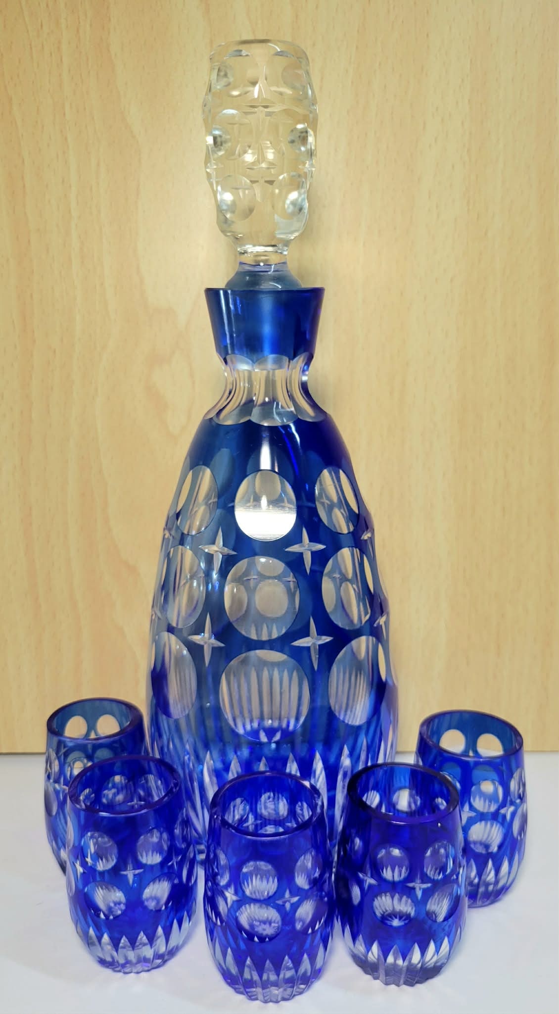 Antique Bohemian cobalt blue cut glass decanter set: Chip in mouth of decanter Beautiful set