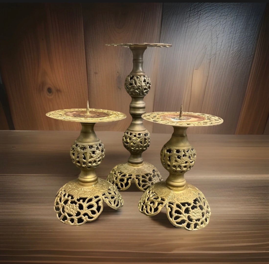 Vintage MCM Brass Filigree Set Of Candle Holders Pedestal: Candle Spike Missing on one