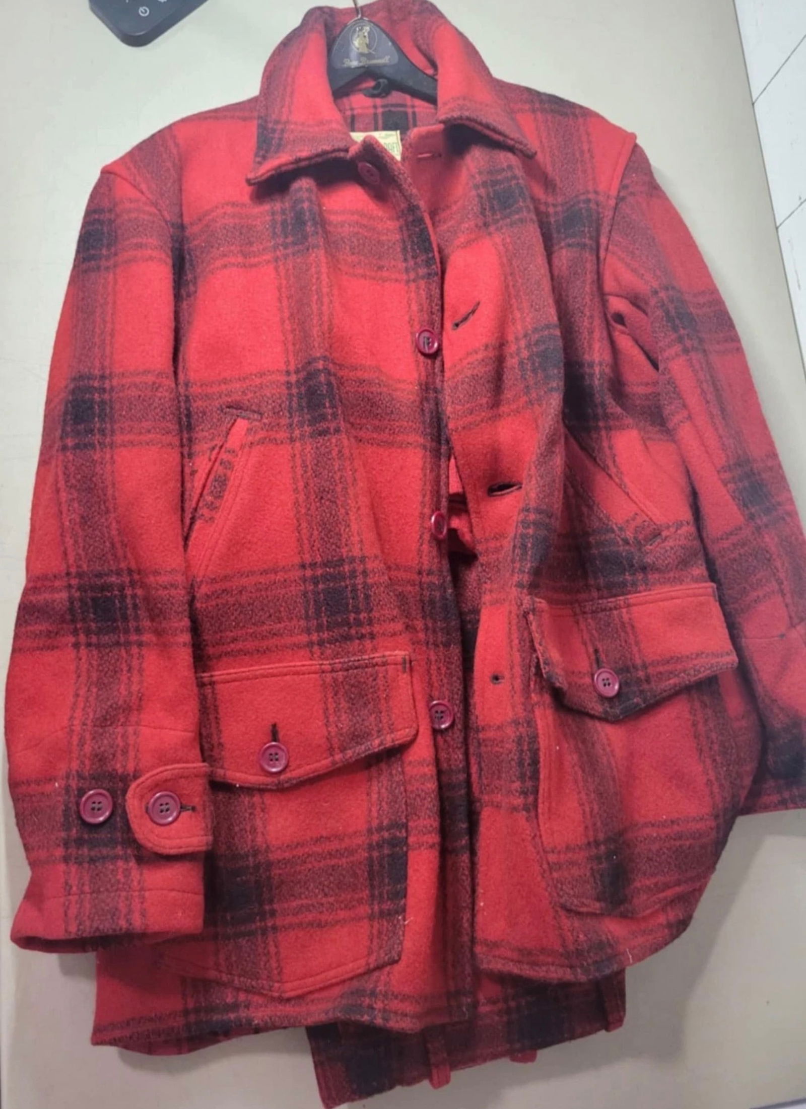 Vintage Wool Mastercraft Brand Hunting Suit Coat Pants 30s 40s Buffalo Plaid: Pants approx 42x32Chest is 20” in chest
