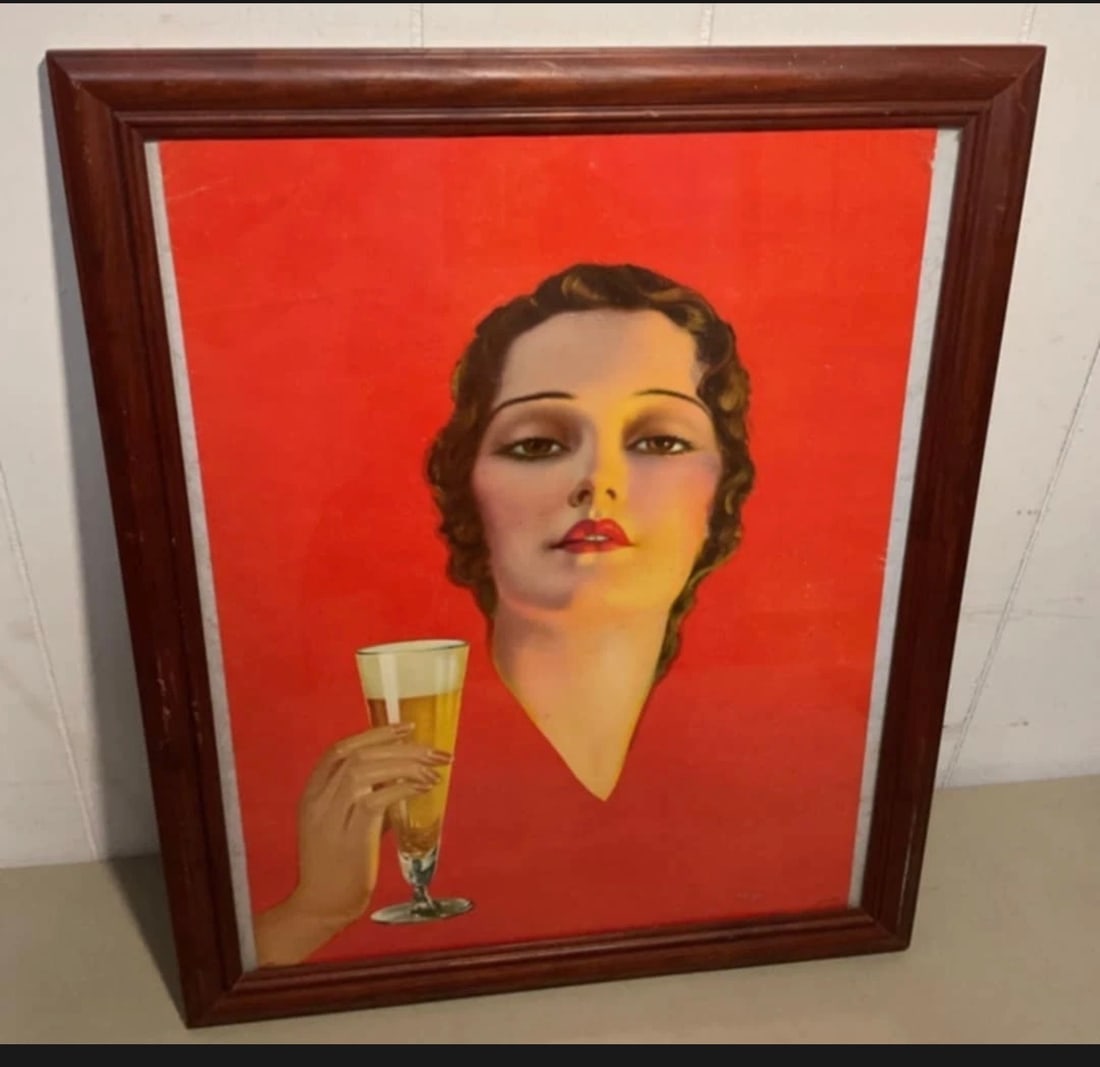 Vintage Art Deco Beer Lady Framed Lithograph: 22.5x18.5