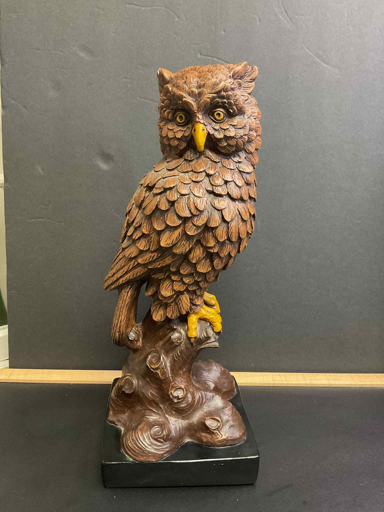 Vintage MCM Chalkware Owl Statue: 14” tall