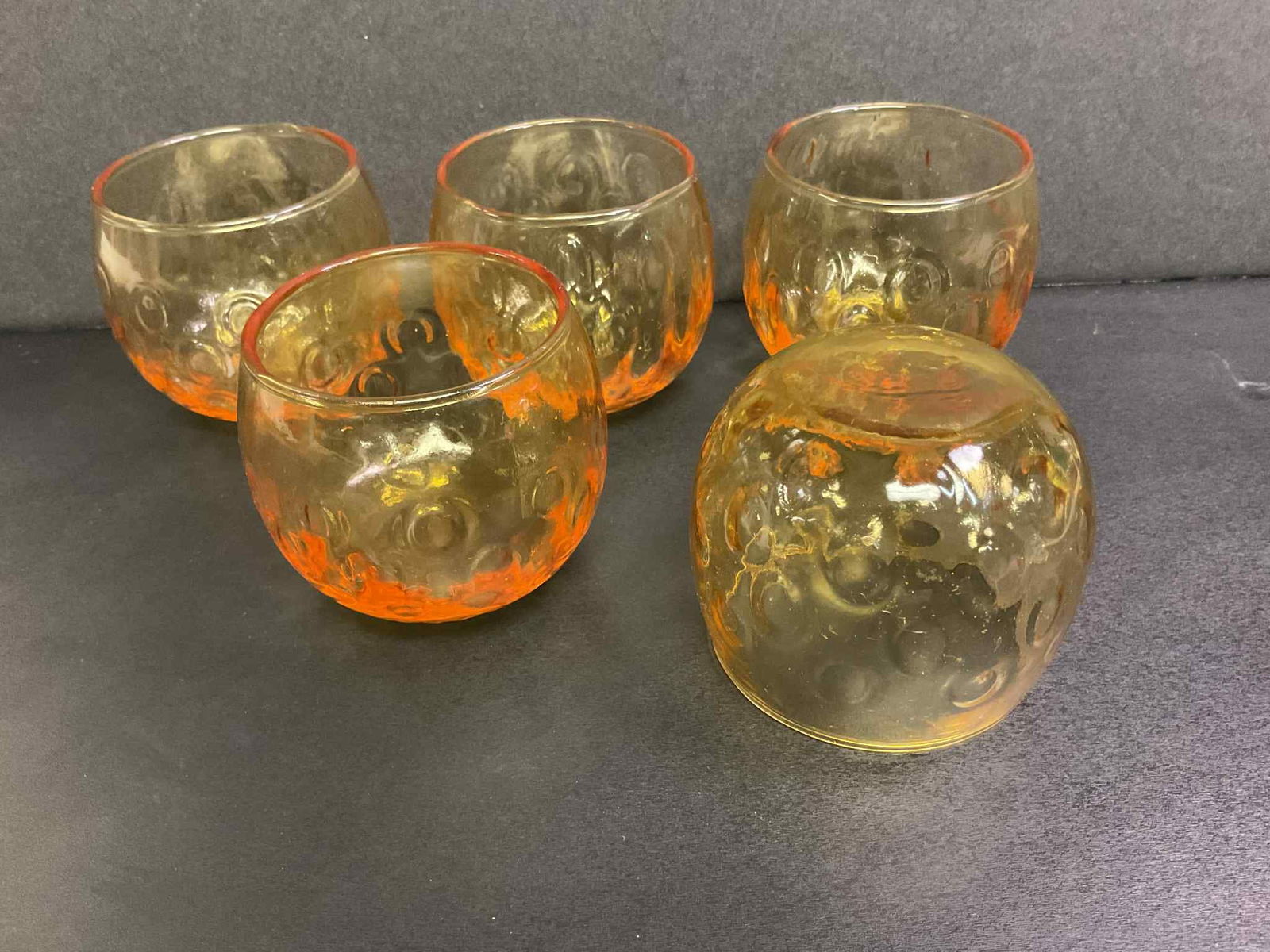 Vintage Seneca Morgantown Crinkle MCM Amber Set 5 Roly Poly Bar Ware Glasses: Nice set