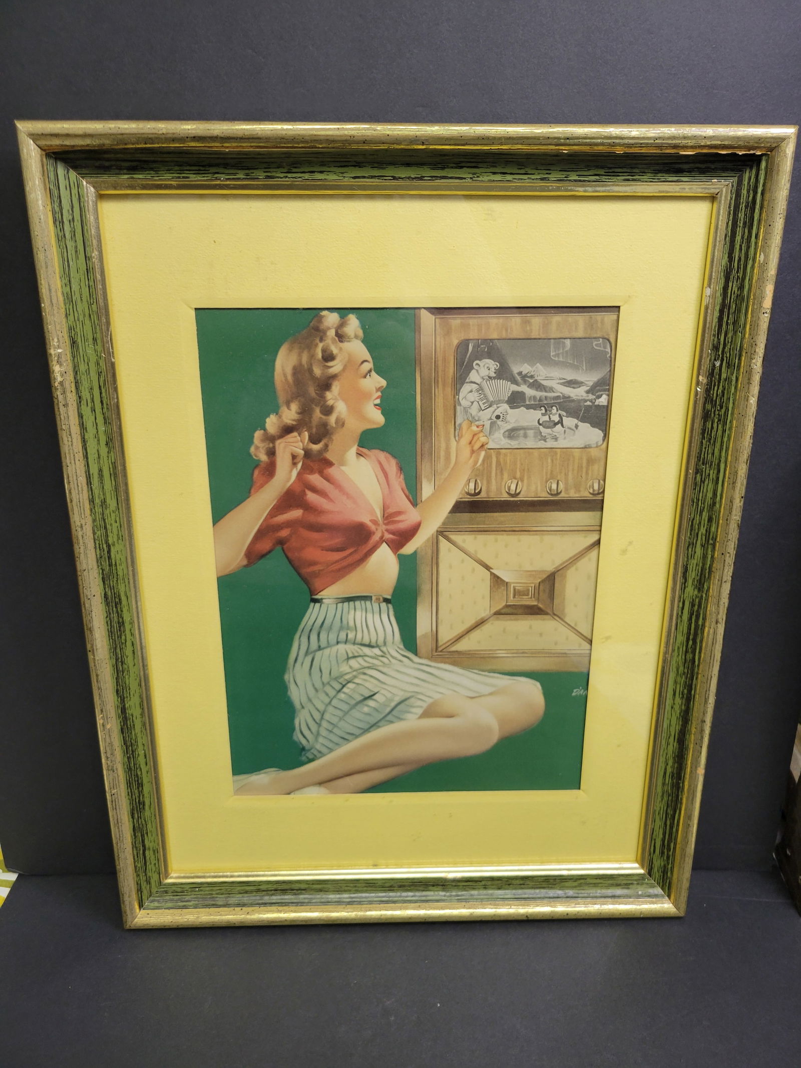 Vintage Framed Pinup Girl Print: 18x14 Possibly cut