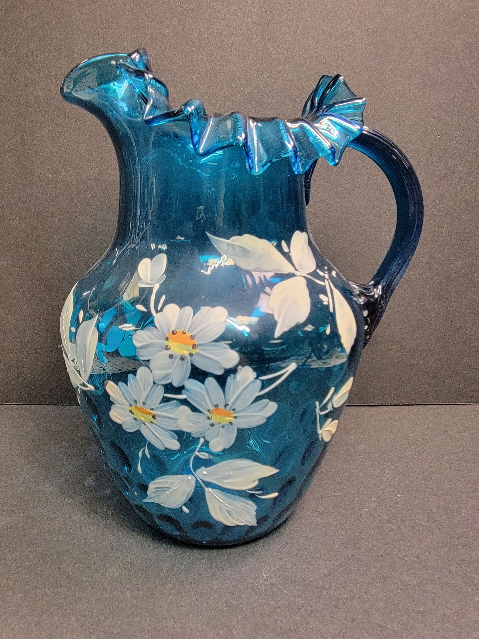antique bohemian mary gregory glass Blue Daisy hand blown pitcher: 10”